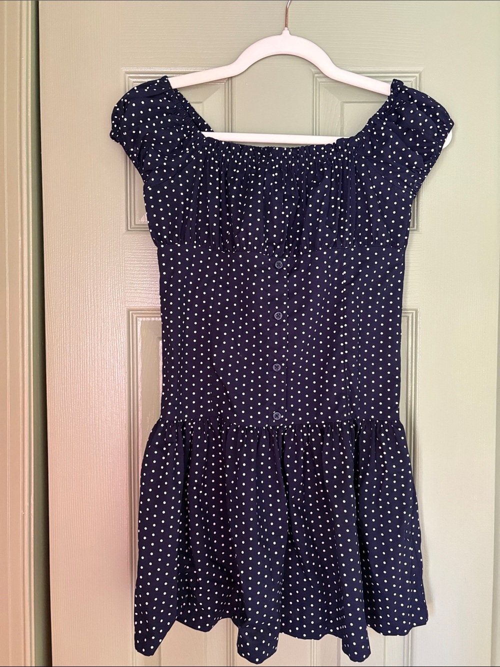 GAP Navy and White Polka Dot Off-Shoulder Casual Dress